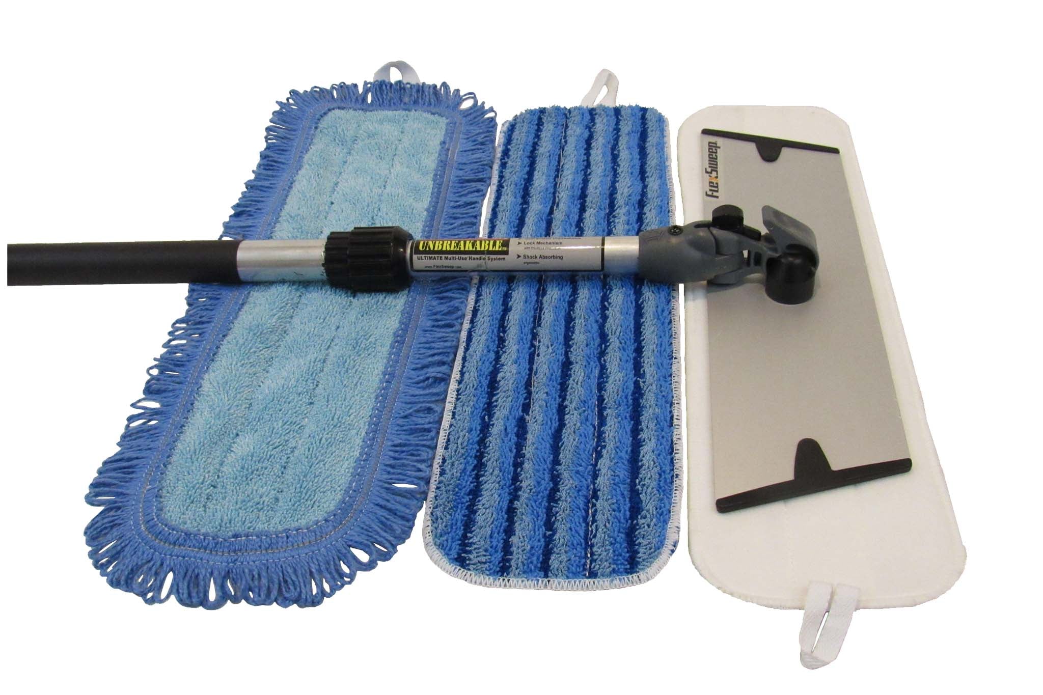 FlexSweep Commercial Patented Easy-Clean Microfiber Flat Mop (Virtually Unbreakable) Adjustable Height Handle, Easily Snap-On 18 inch Frame, 2