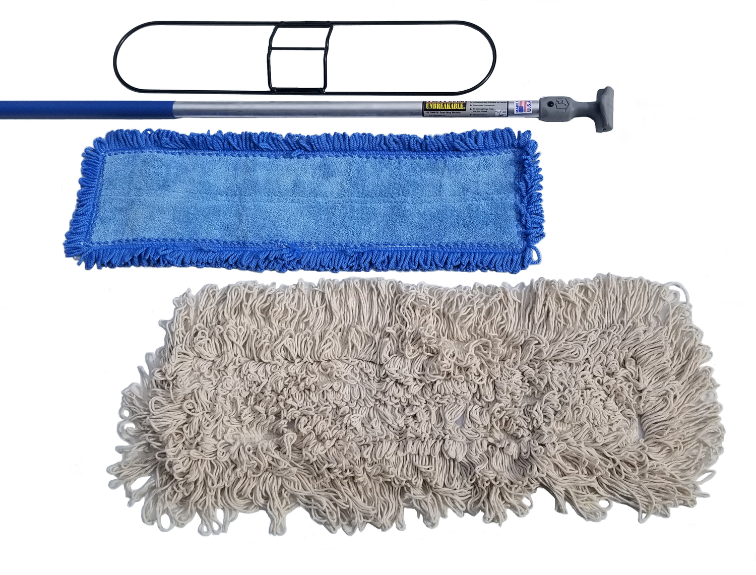 FlexSweep Commercial Patented Easy-Clean Microfiber Flat Mop (Virtually Unbreakable) Adjustable Height Handle, Easily Snap-On 18 inch Frame, 2