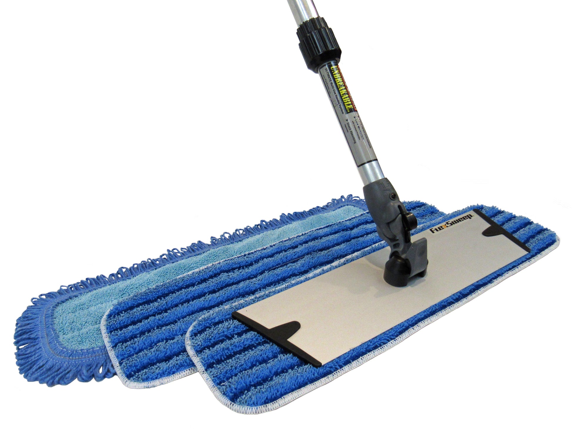 FlexSweep Commercial Patented Easy-Clean Microfiber Flat Mop (Virtually Unbreakable) Adjustable Height Handle, Easily Snap-On 18 inch Frame, 2